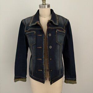 Indigo Palms Women's Dark Distress Denim Jacket Frayed Trim Contrast Stitching M